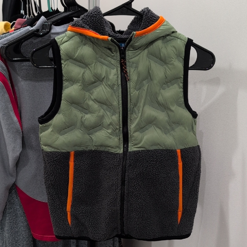 Green and Gray Hooded Vest with Orange Accents